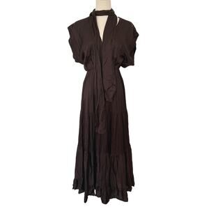 Sofia Made in Italy Chocolate Brown Satin Maxi Dress Scarf Belt Boho Chic Fall